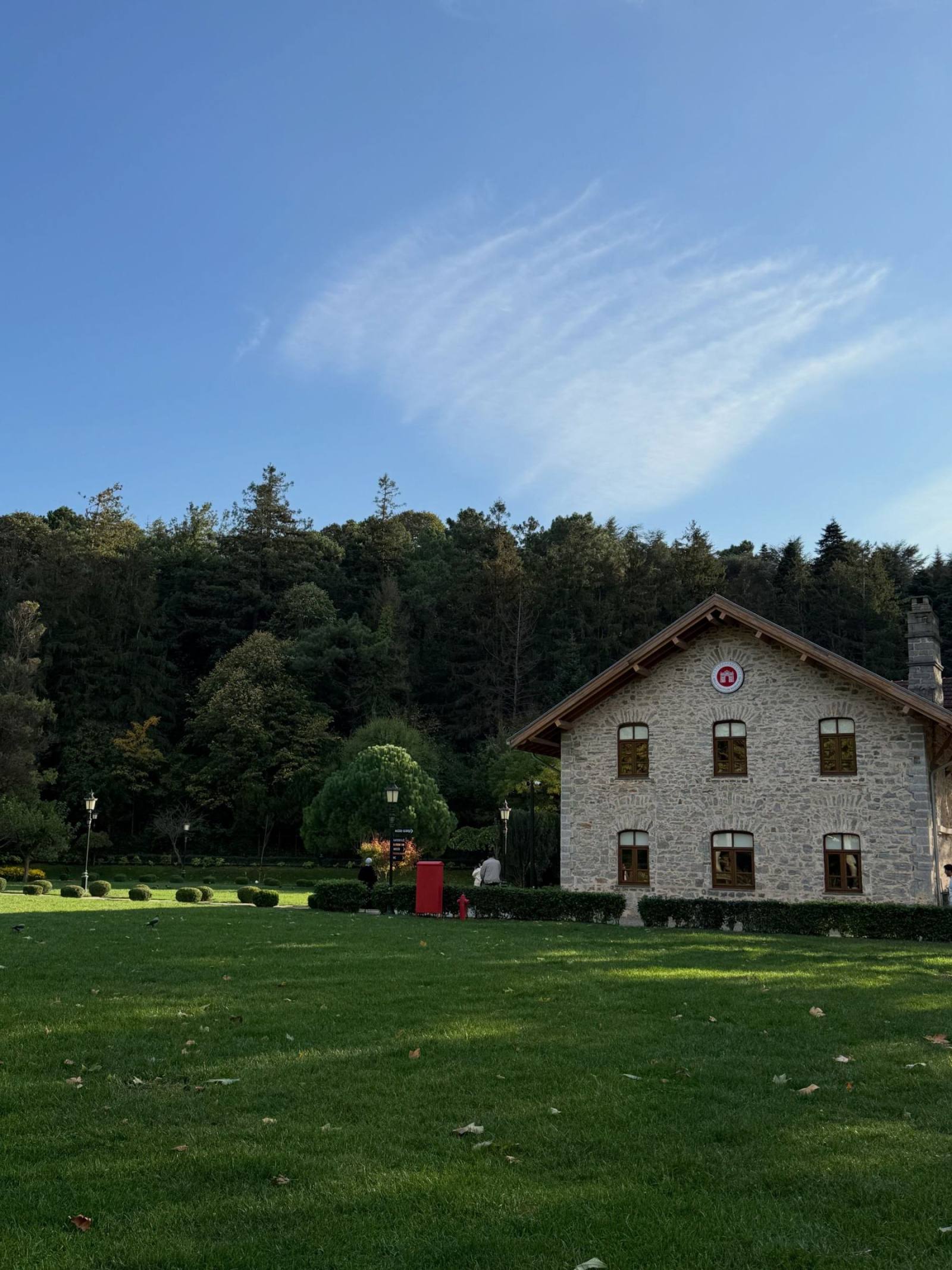 Ormanın önünde çimenlik ve taş göl evi