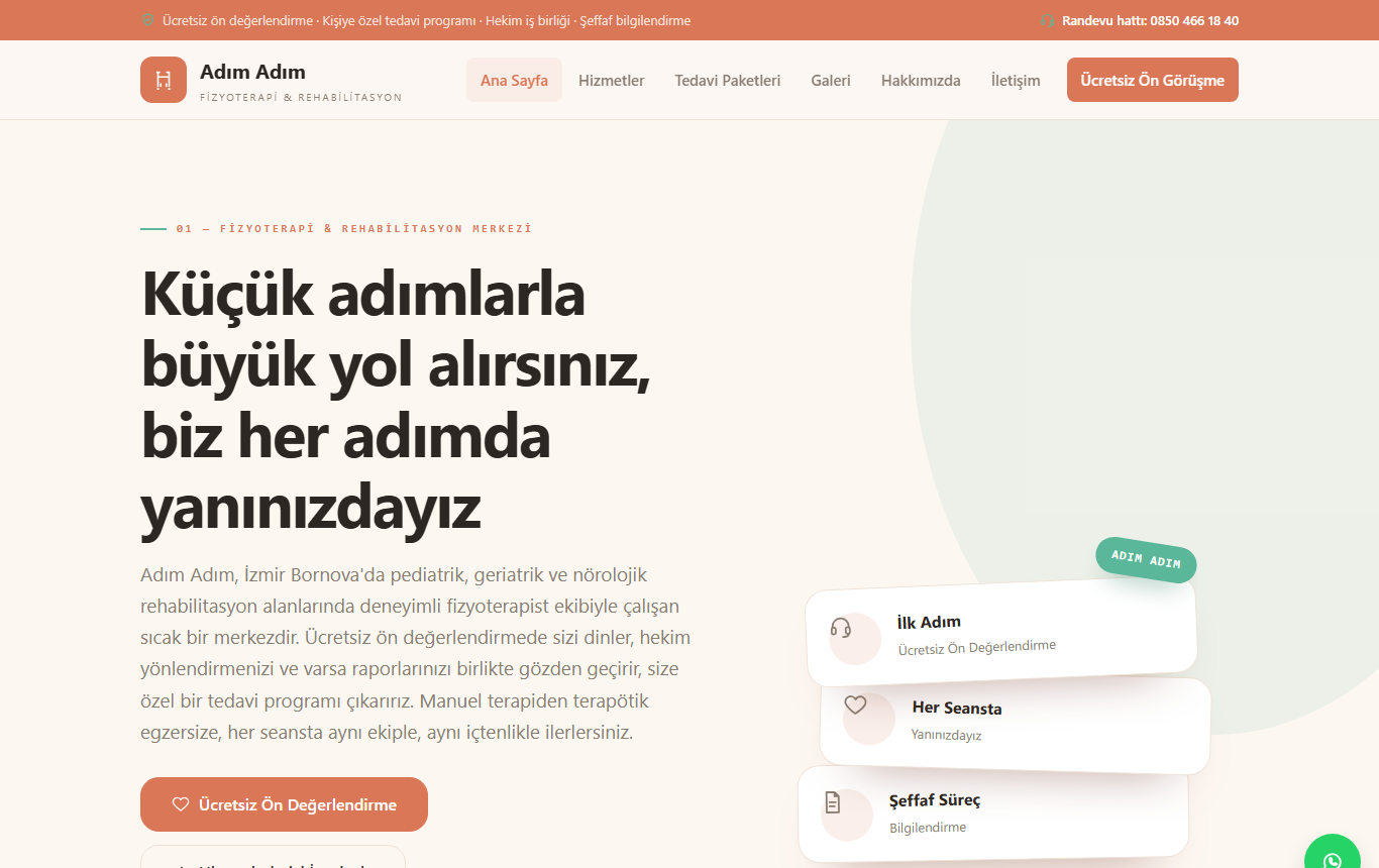 Adım Adım — Sıcak & Samimi Aile Odaklı Fizyoterapi & Rehabilitasyon Web Sitesi — ekran görüntüsü 1