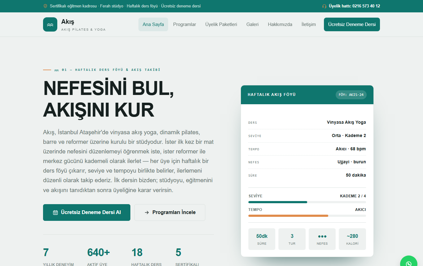 Akış — Teknik Studio-Dashboard Kimliğinde Vinyasa & Dinamik Pilates Web Sitesi — ekran görüntüsü 1