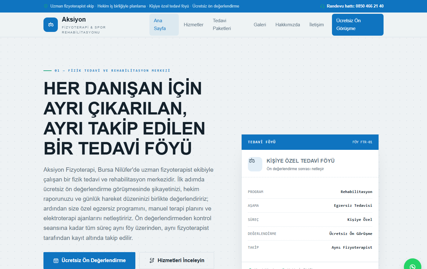Aksiyon — Teknik "Tedavi Föyü" Kimliğinde Fizyoterapi & Spor Rehabilitasyonu Web Sitesi — ekran görüntüsü 1