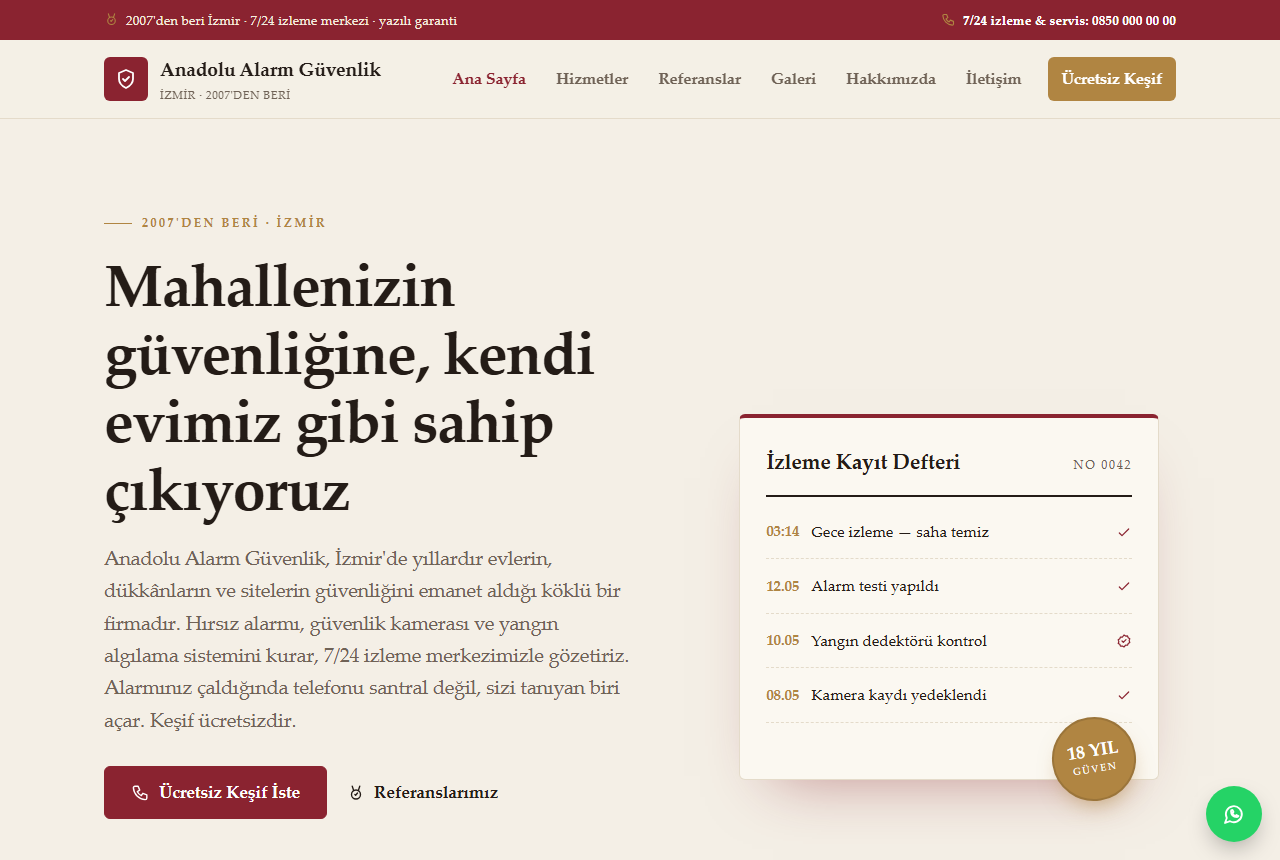 Anadolu Alarm Güvenlik — Köklü Güvenlik Web Sitesi görünümü 1