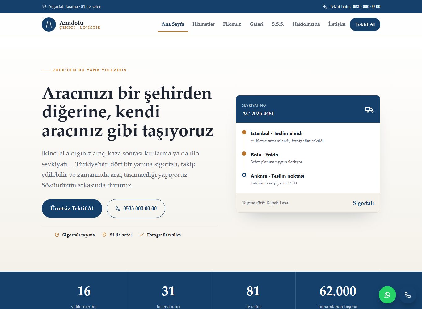 Anadolu Çekici web sitesi ana sayfa görünümü