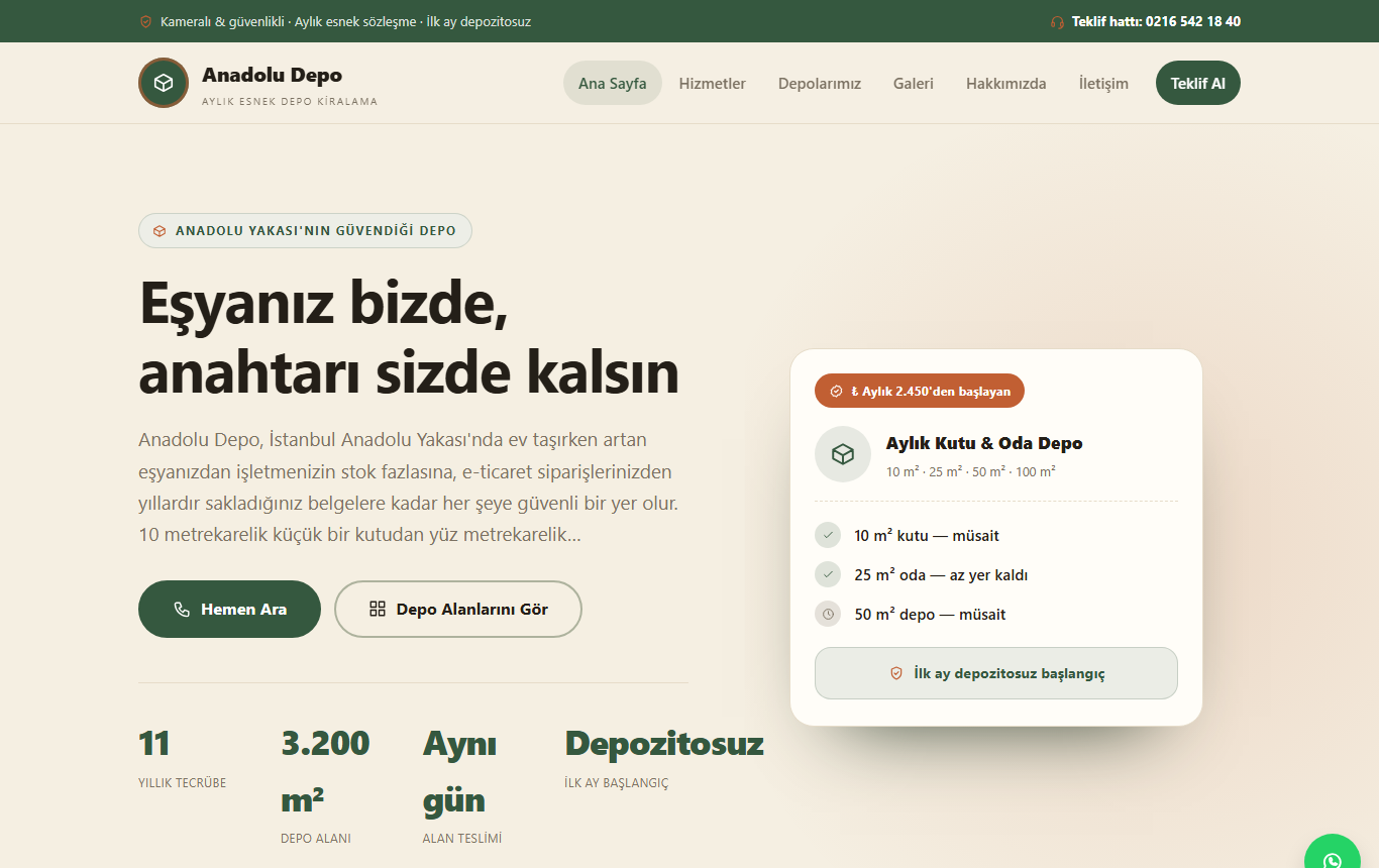 Anadolu Depo — Esnek Metrekareli Samimi Depo Kiralama Web Sitesi görünümü 1