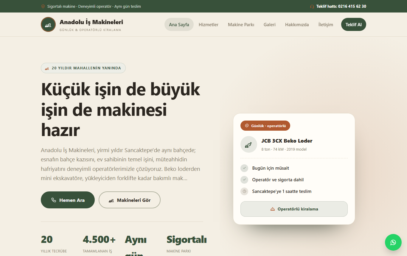 Anadolu İş Makineleri — Günlük Beko Loder ve Mini Ekskavatör Web Sitesi görünümü 1