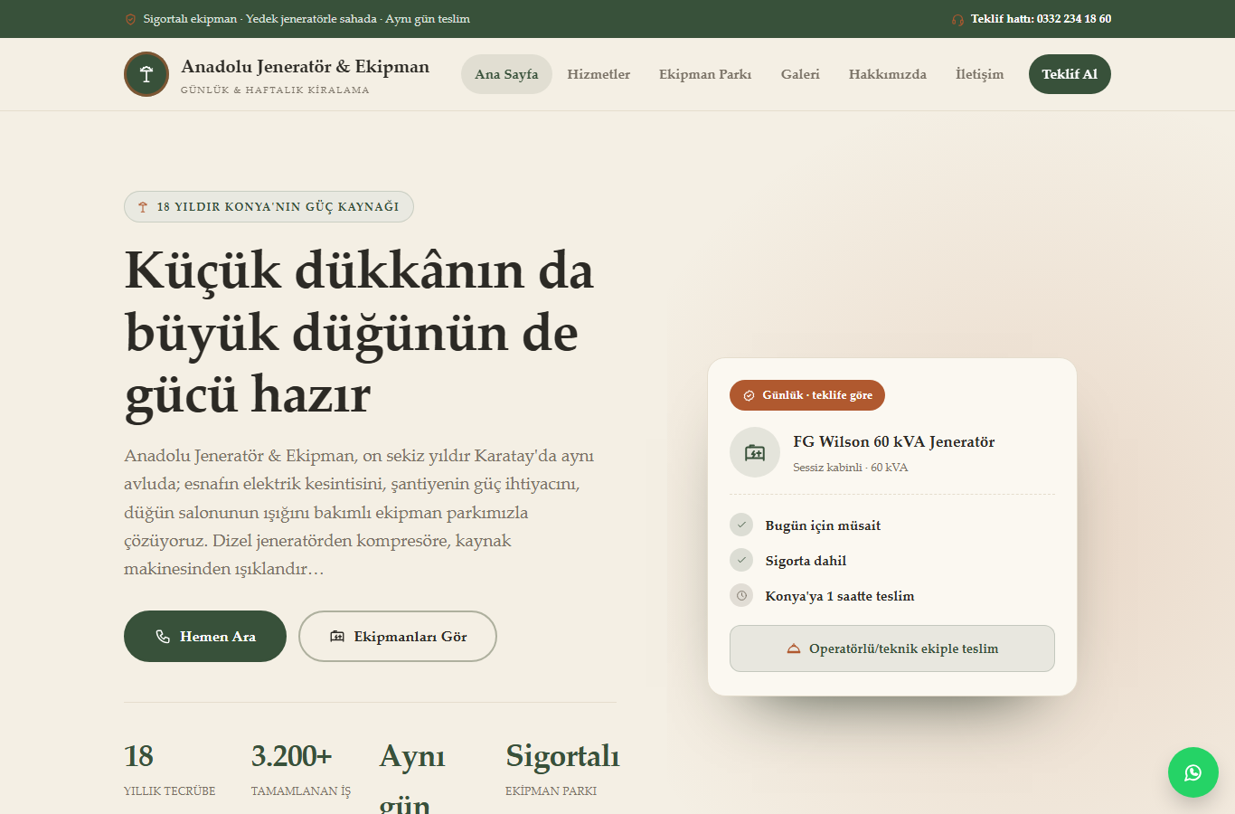 Anadolu Jeneratör & Ekipman — Günlük Kiralama Web Sitesi görünümü 1