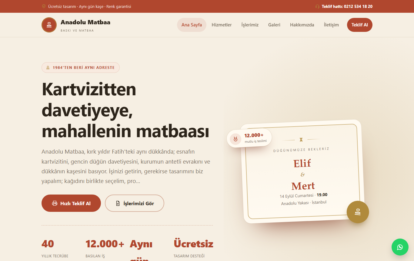 Anadolu Matbaa — Kartvizit, Davetiye ve Kaşe Web Sitesi görünümü 1