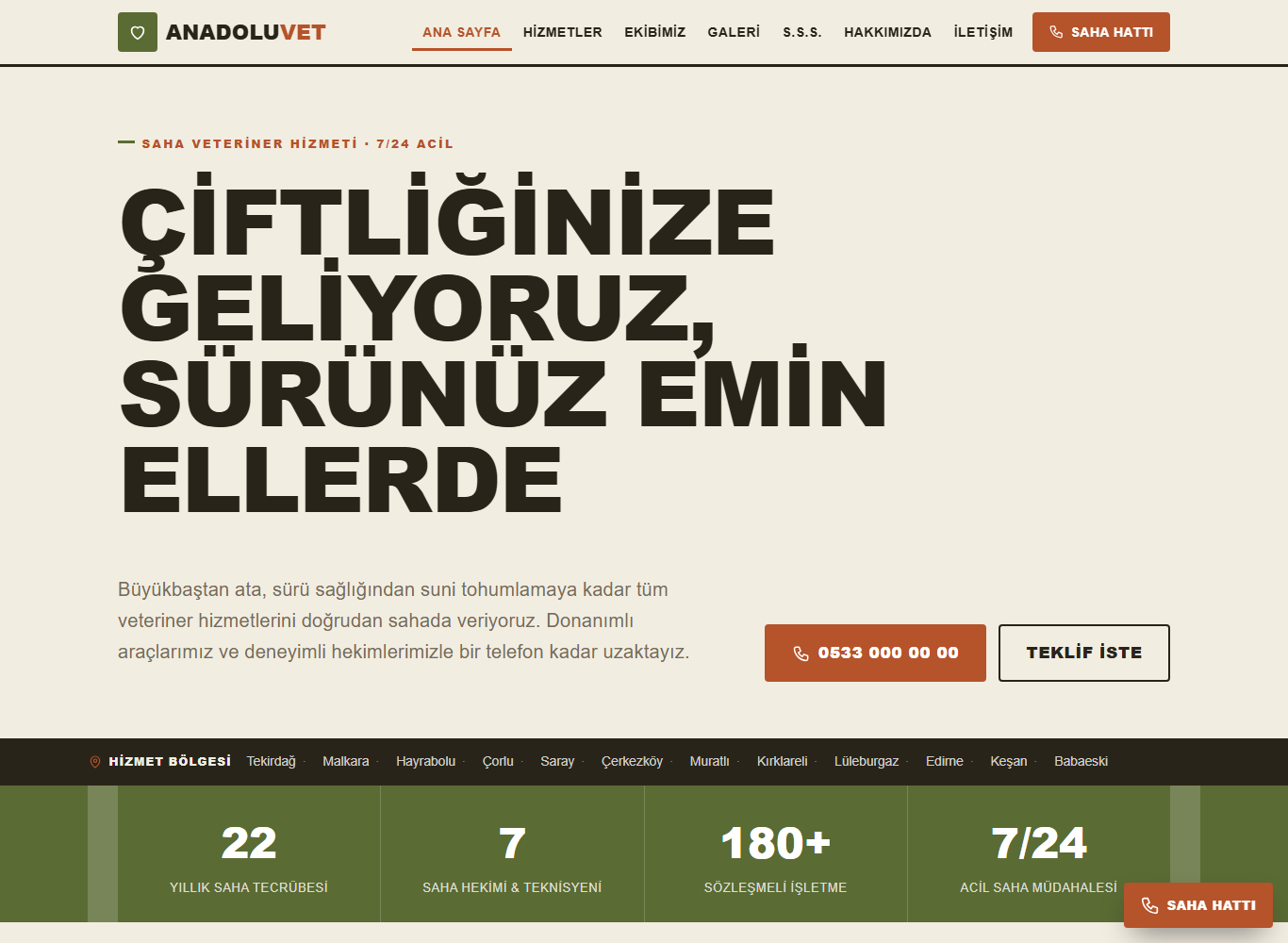 Anadolu Vet — Çiftlik & Büyükbaş web sitesi ana sayfa görünümü