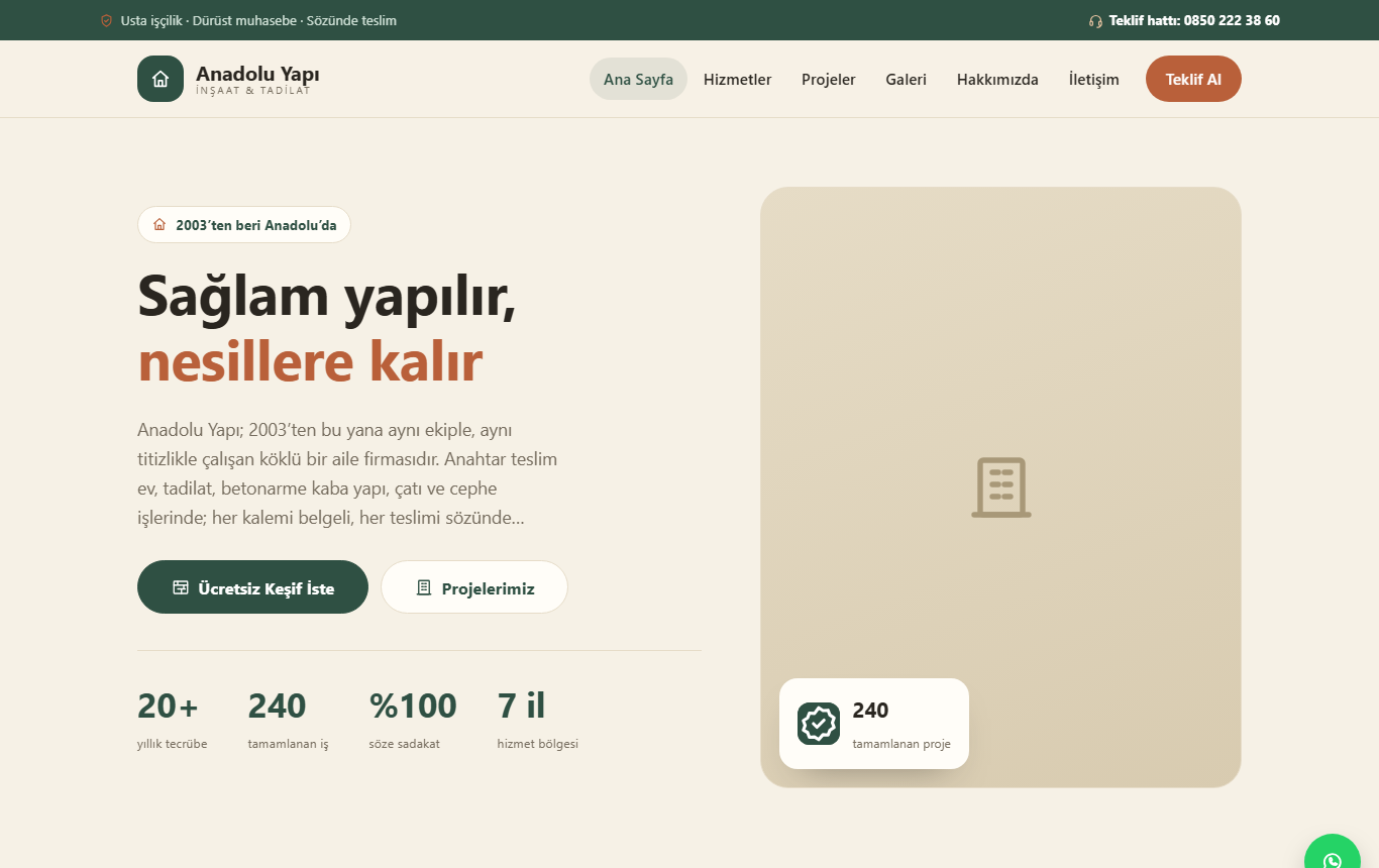 Anadolu Yapı — Güvenilir ve Köklü İnşaat / Tadilat Web Sitesi görünümü 1