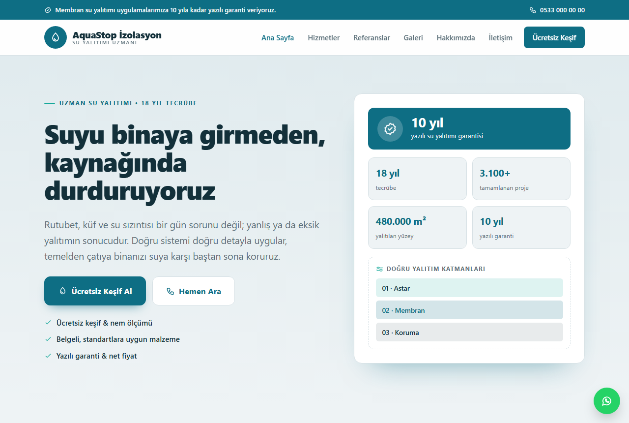AquaStop — Su Yalıtımı Firması Web Sitesi görünümü 1