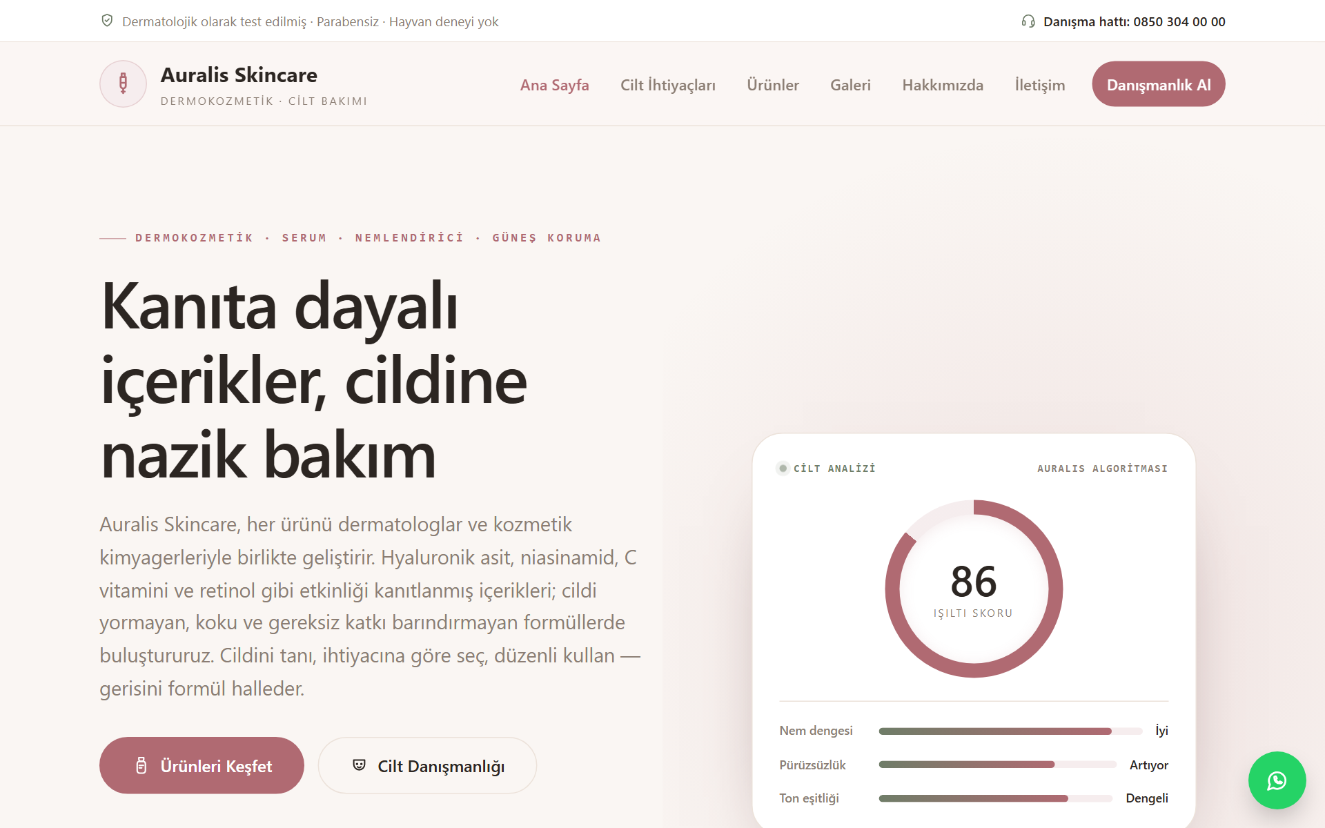 Auralis Skincare — Dermokozmetik ve Cilt Bakım Markası Web Sitesi görünümü 1