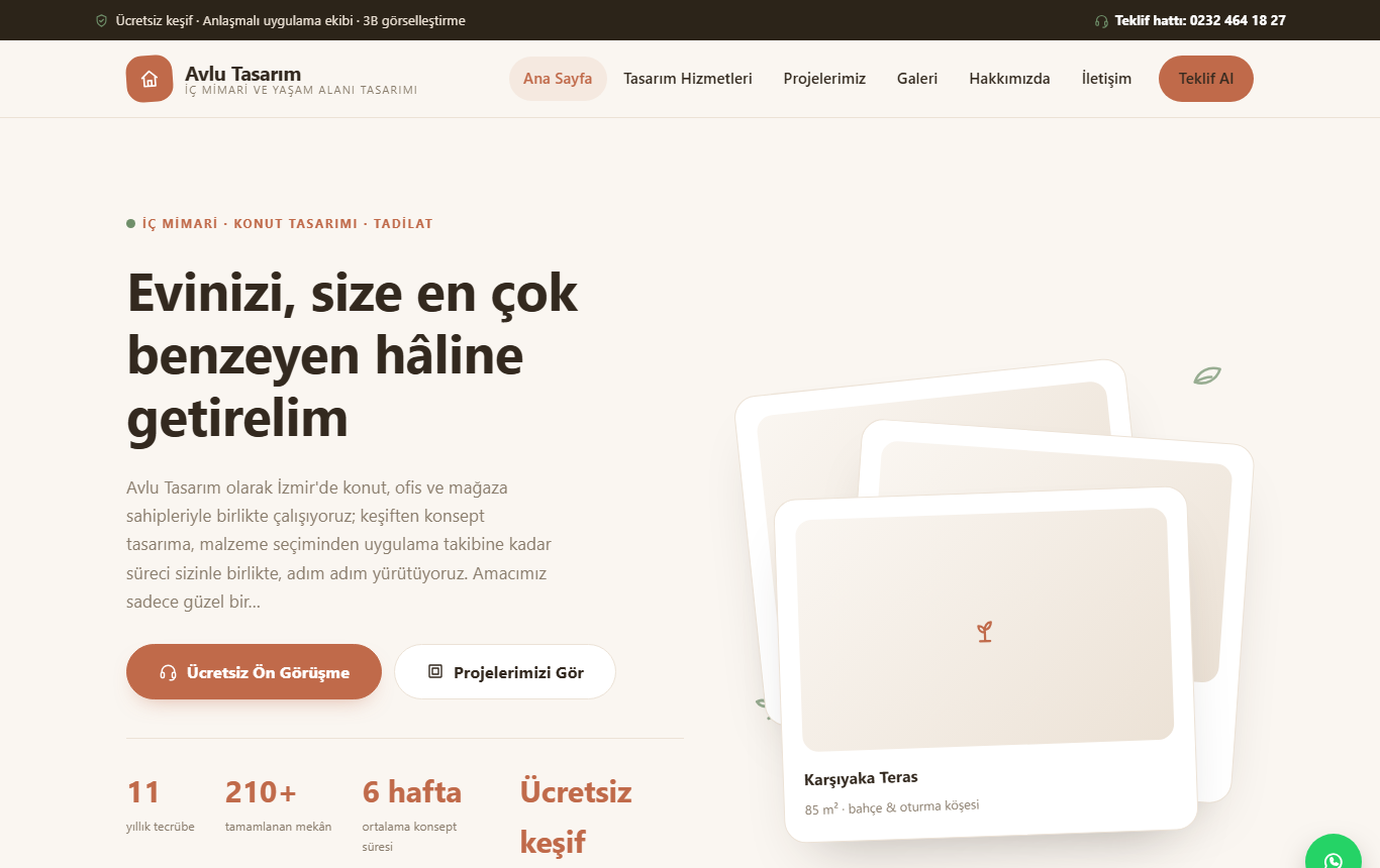 Avlu — Sıcak & Samimi İç Mimari / Konut Tasarım Web Sitesi — ekran görüntüsü 1