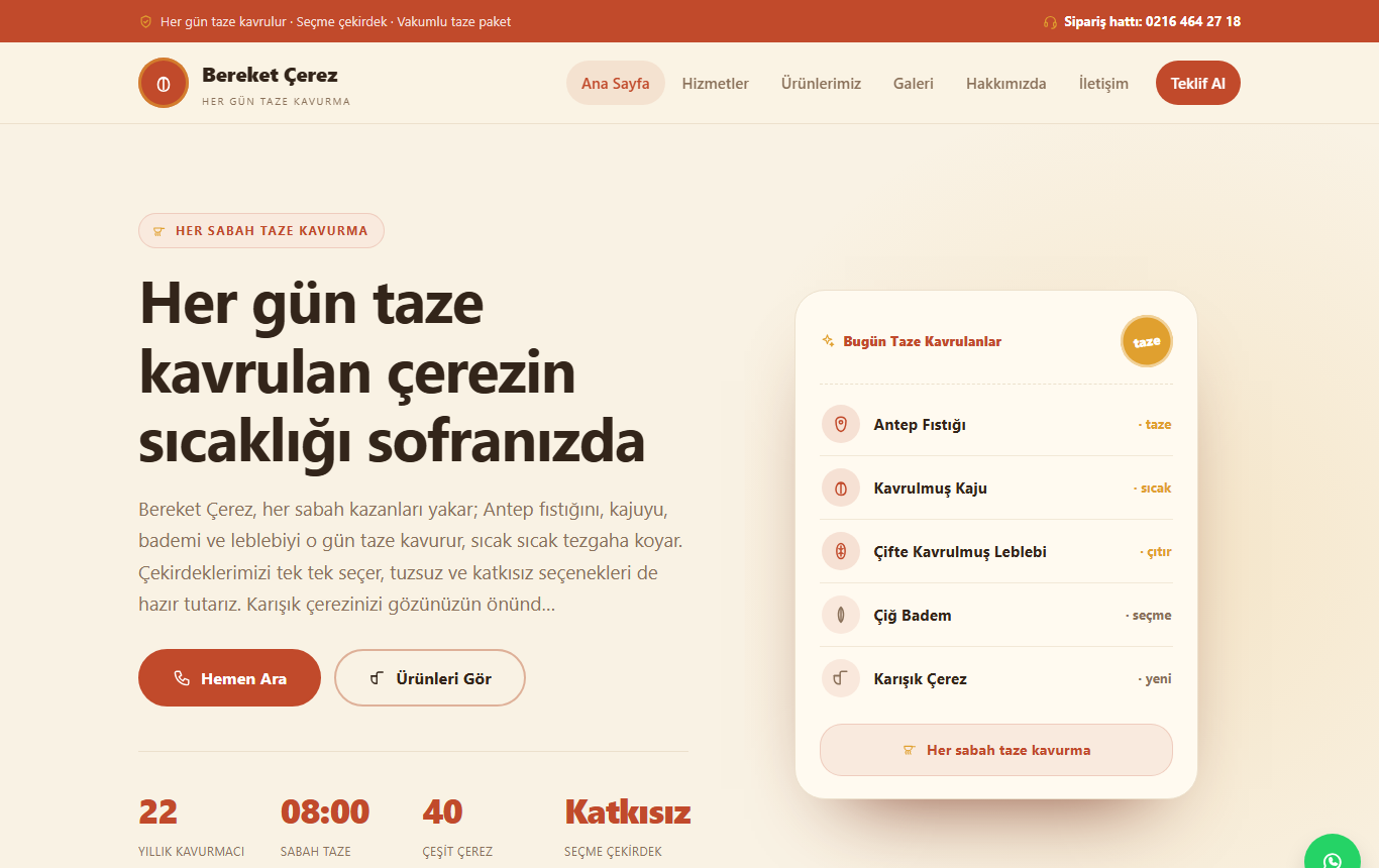 Bereket Çerez — Her Gün Taze Kavrulan Mahalle Kuruyemişçisi Web Sitesi görünümü 1