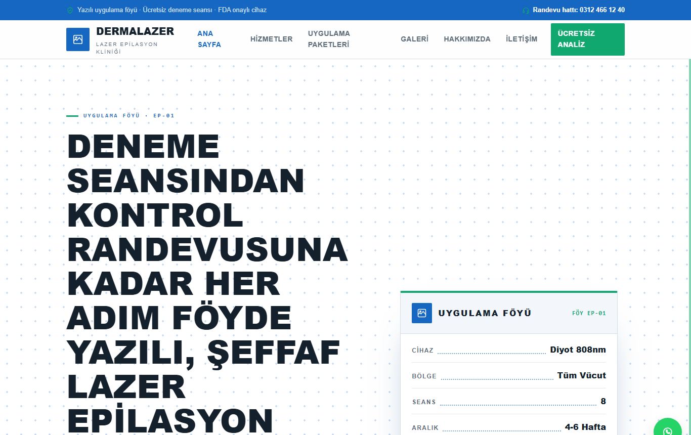 DermaLazer — Uygulama Föyü Kimliğinde Teknik Lazer Epilasyon Merkezi Web Sitesi görünümü 1
