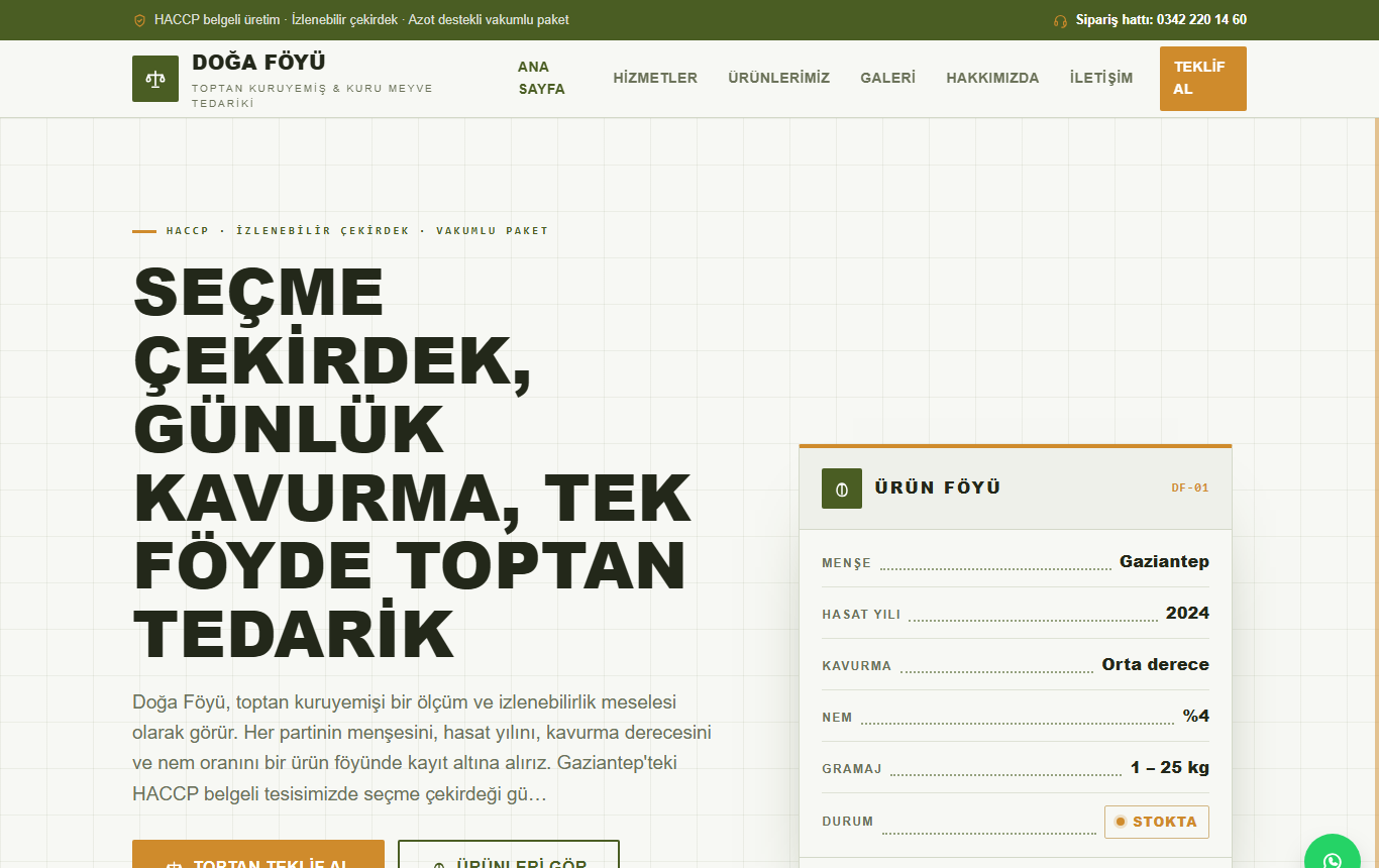 Doğa Föyü — Ürün Föyü Kimliğinde Toptan Kuruyemiş ve Kurumsal Tedarik Web Sitesi görünümü 1