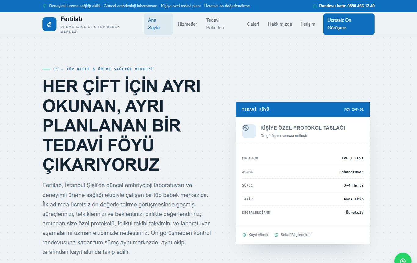 Fertilab — Teknik "Tedavi Föyü" Kimliğinde Üreme Sağlığı Merkezi Web Sitesi — ekran görüntüsü 1