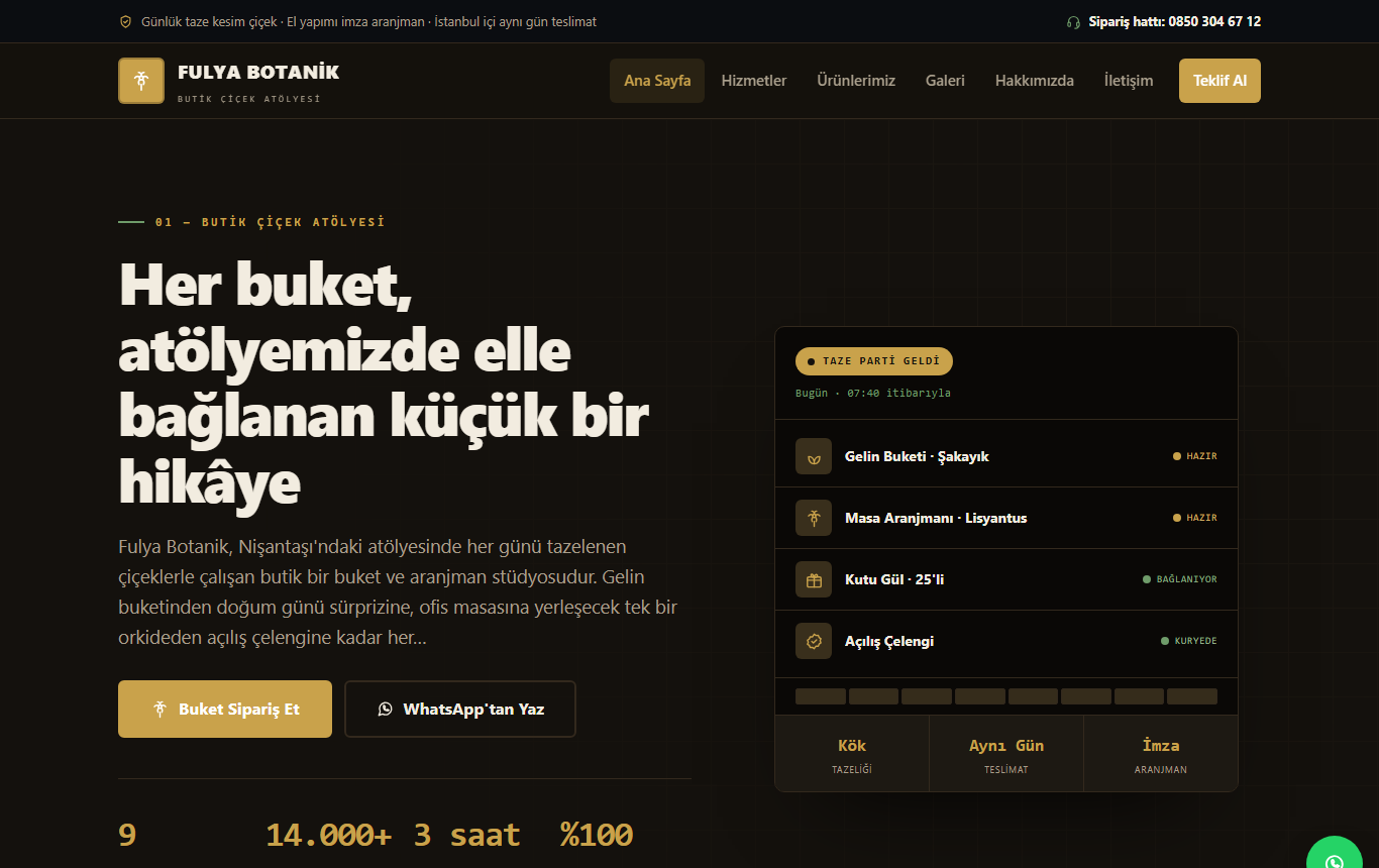 Fulya Botanik — Koyu Lüks Atölye Kimliğinde Çiçekçi ve Aranjman Web Sitesi görünümü 1