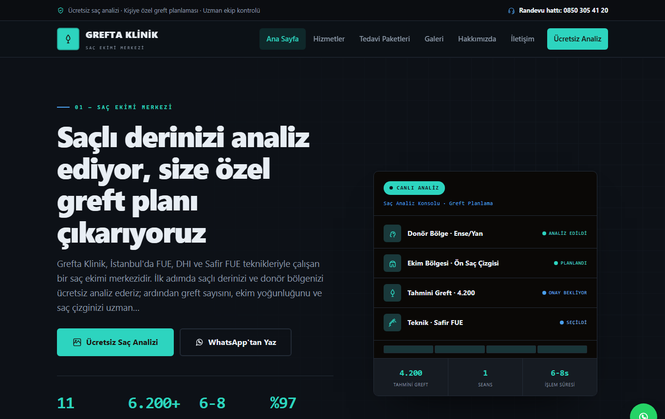 Grefta Klinik — Koyu Klinik-Teknoloji Kimliğinde Saç Ekimi Kliniği Web Sitesi görünümü 1