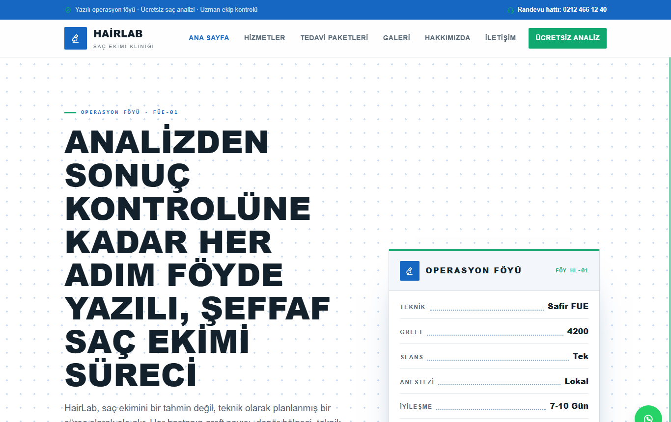 HairLab — Operasyon Föyü Kimliğinde Teknik Saç Ekimi Kliniği Web Sitesi görünümü 1