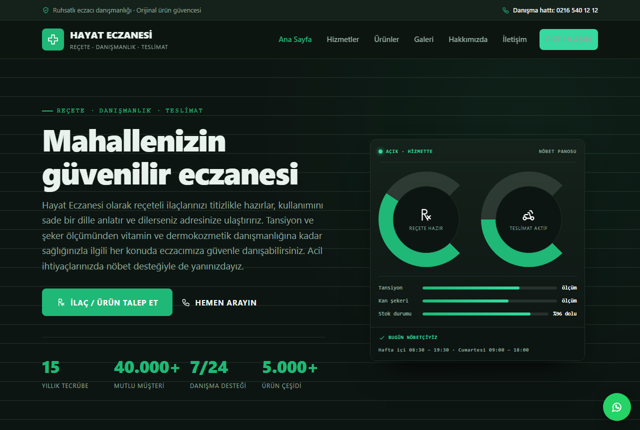 Hayat Eczanesi — Modern Mahalle Eczanesi Web Sitesi görünümü 1