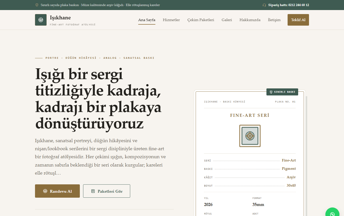 Işıkhane — Fine-Art Kimliğinde Portre ve Düğün Fotoğrafçılığı Web Sitesi görünümü 1