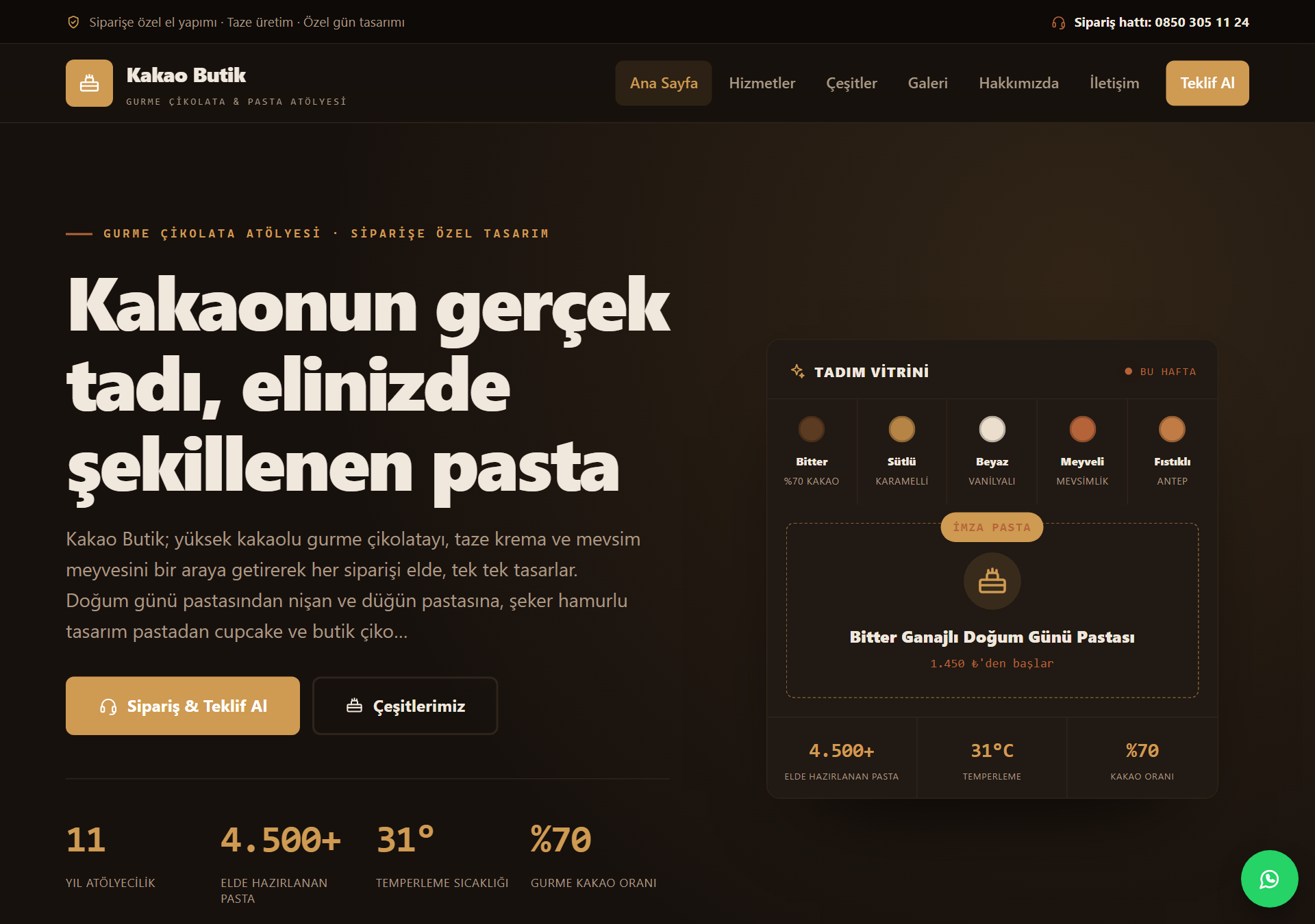 Kakao — Koyu & Gurme Çikolata / Tasarım Pasta Web Sitesi — ekran görüntüsü 1