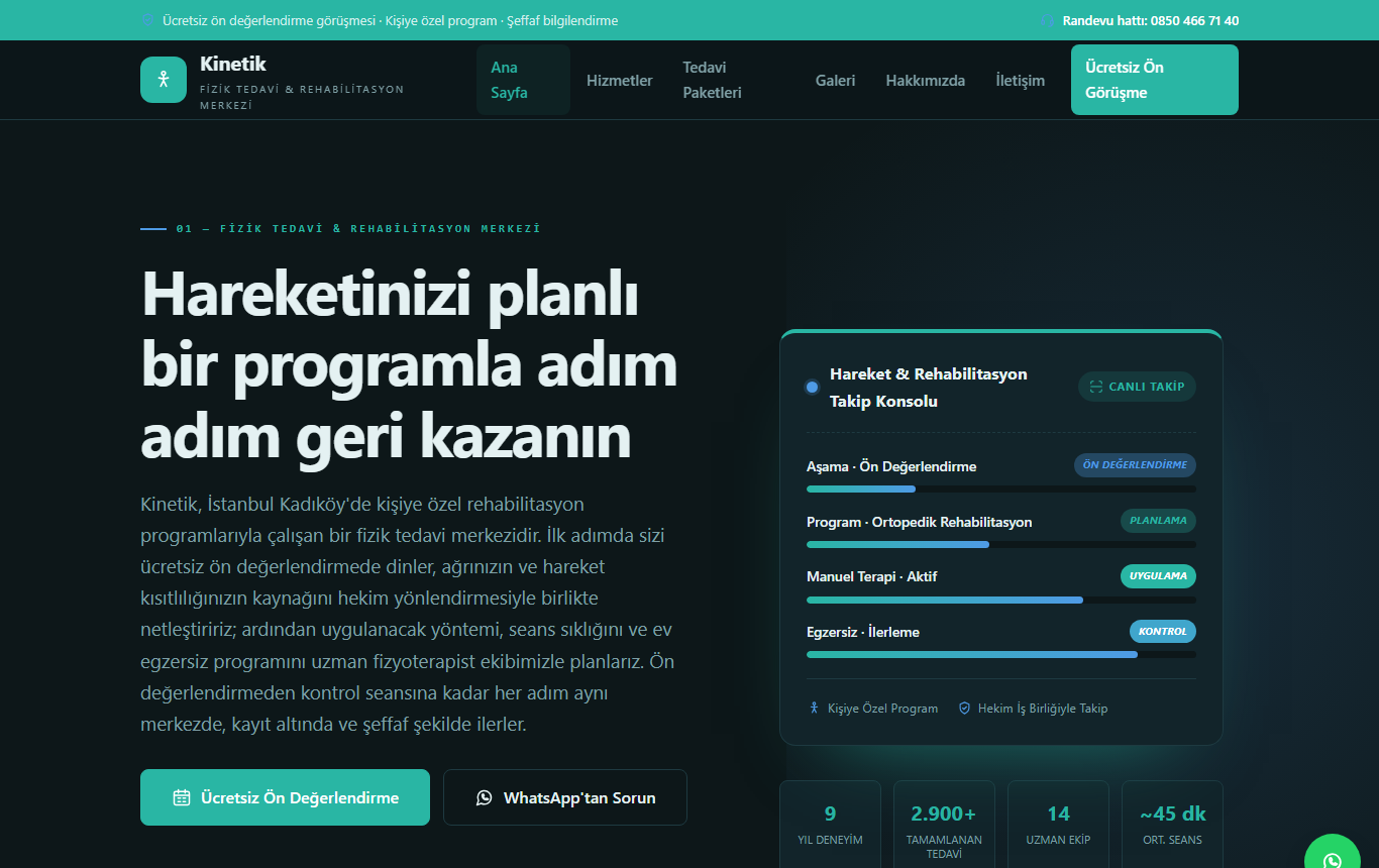 Kinetik — Koyu Klinik-Teknoloji Kimliğinde Fizyoterapi & Rehabilitasyon Web Sitesi — ekran görüntüsü 1