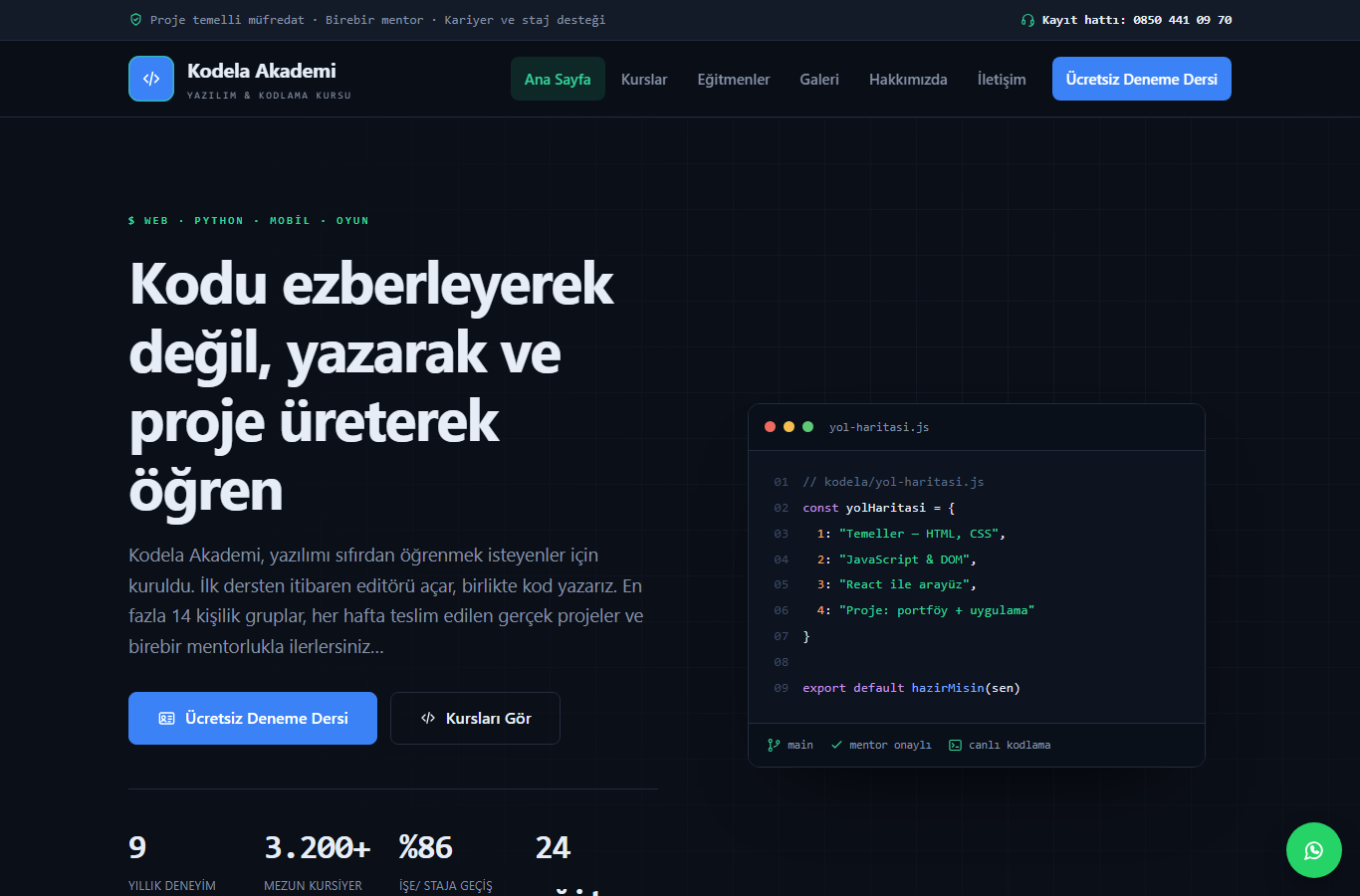 Kodela Akademi — Yazılım ve Kodlama Kursu Web Sitesi görünümü 1