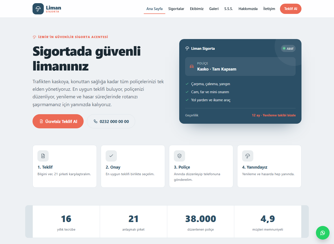 Liman Sigorta web sitesi ana sayfa görünümü