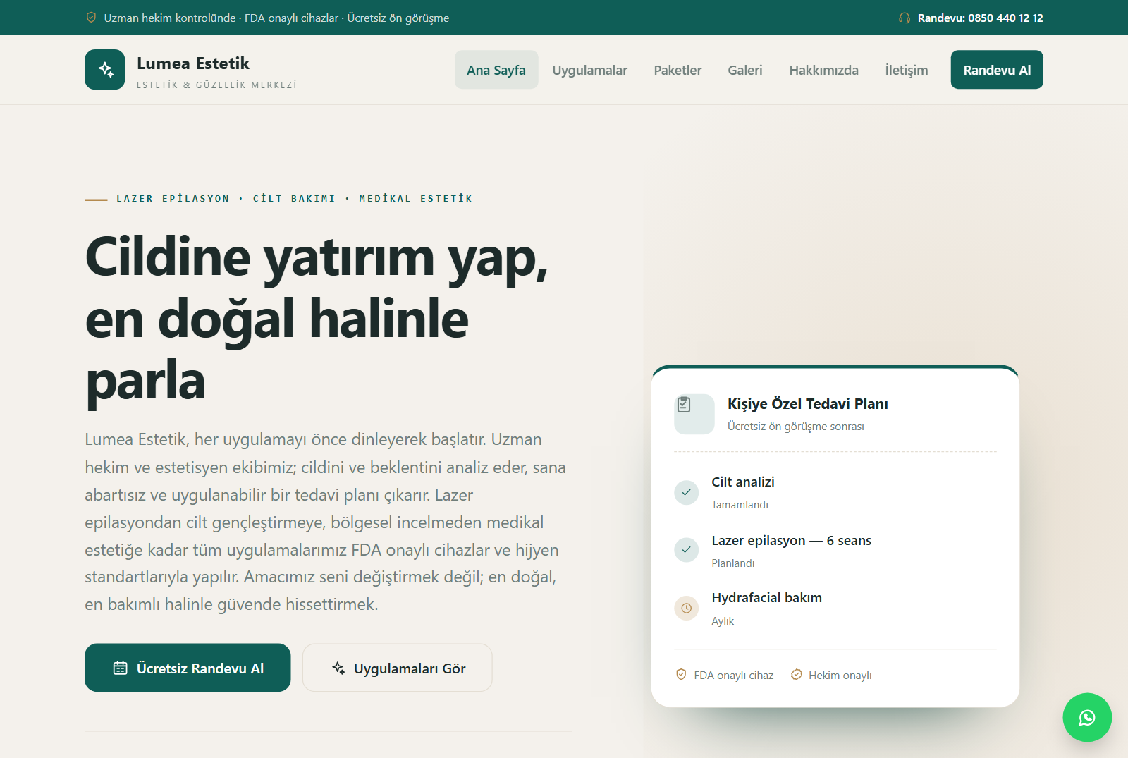 Lumea Estetik — Medikal Estetik ve Güzellik Merkezi Web Sitesi görünümü 1