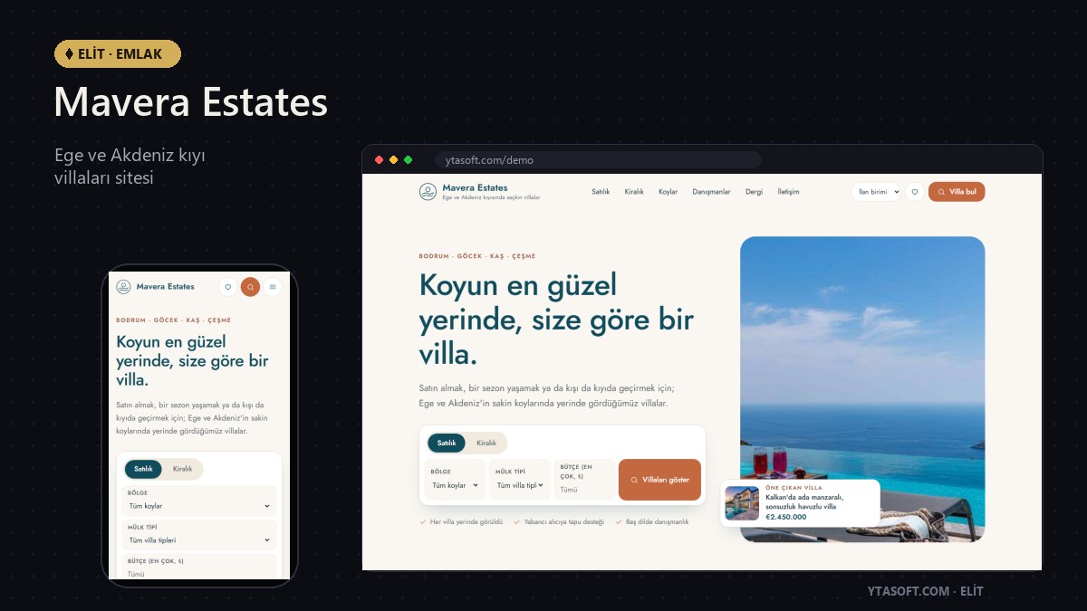Mavera elit emlak sitesi ana sayfa ve mobil görünümü