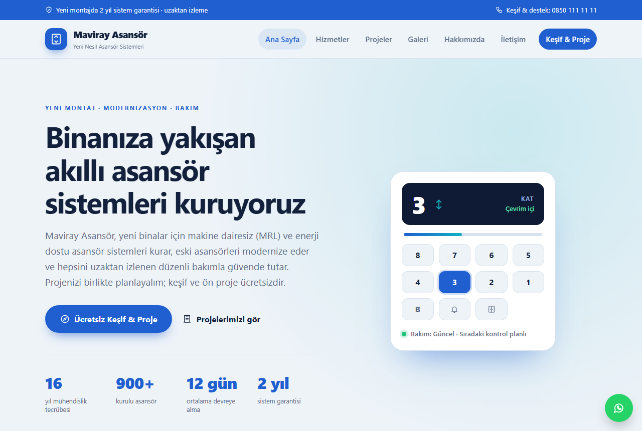 Maviray Asansör — Yeni Nesil Asansör Sistemleri Web Sitesi görünümü 1
