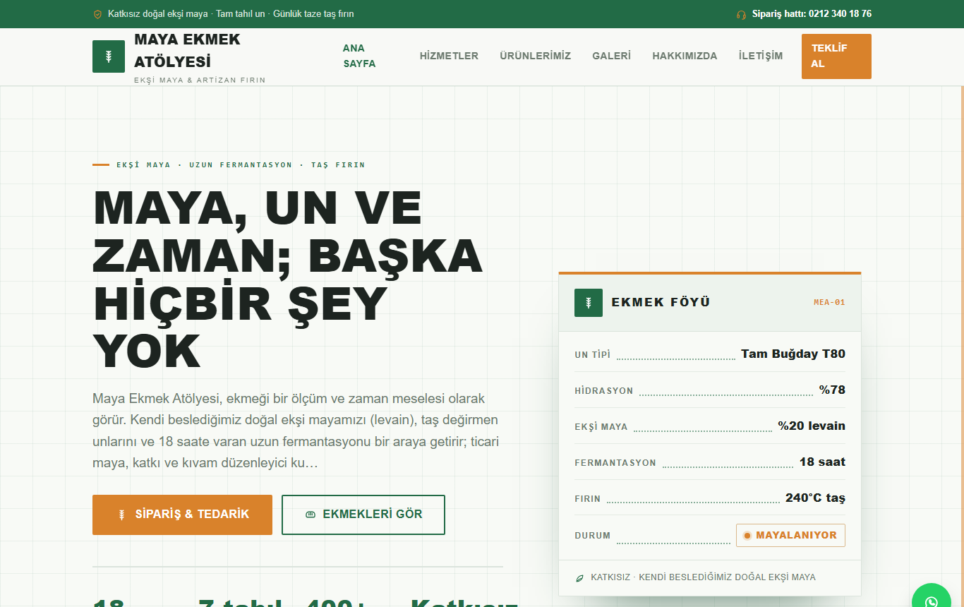 Maya Ekmek Atölyesi — Ekmek Föyü Kimliğinde Ekşi Maya ve Artizan Fırın Web Sitesi görünümü 1