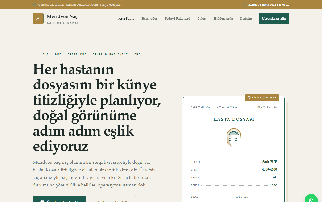 Meridyen Saç — Premium Editöryel Kimlikte Saç Ekimi Kliniği Web Sitesi görünümü 1