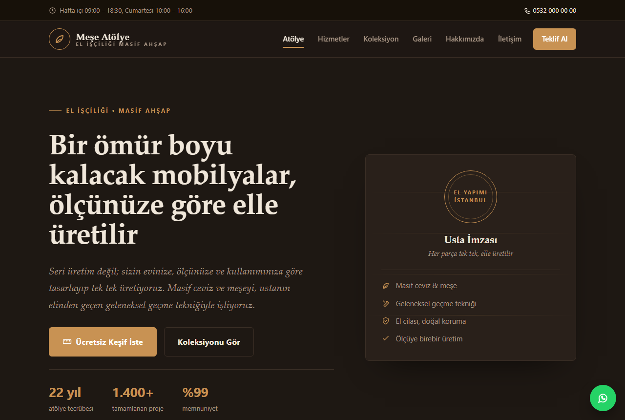 Meşe Atölye — Masif Ahşap Mobilya web sitesi görünümü 1