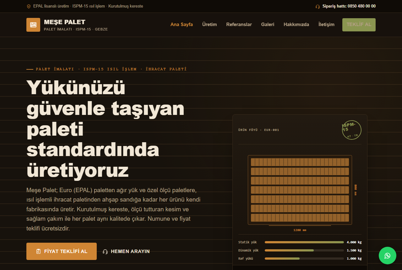 Meşe Palet — Ahşap Palet ve İhracat Paleti İmalatı Web Sitesi görünümü 1