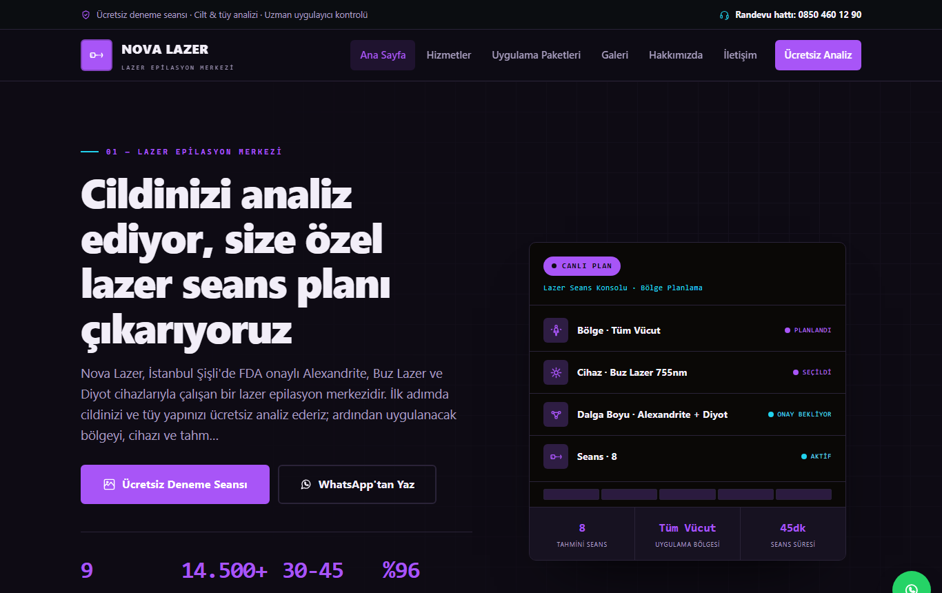 Nova Lazer — Koyu Teknoloji Kimliğinde Lazer Epilasyon Merkezi Web Sitesi görünümü 1