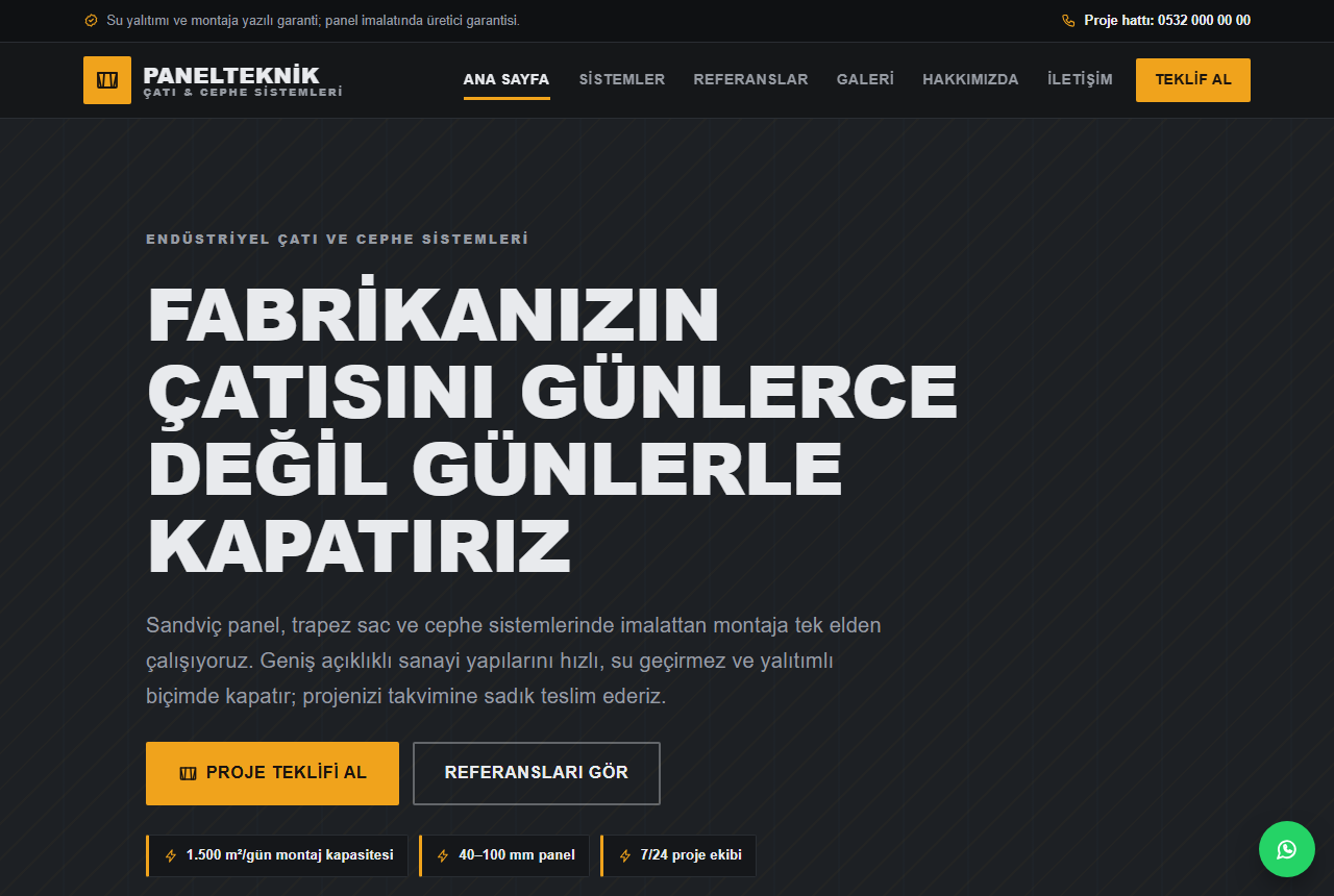 PanelTeknik — Sandviç Panel & Çatı Sistemleri Web Sitesi görünümü 1