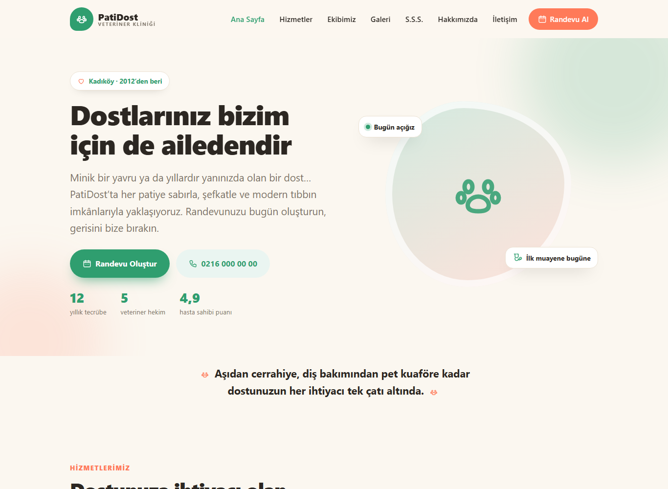 PatiDost Veteriner Kliniği web sitesi ana sayfa görünümü