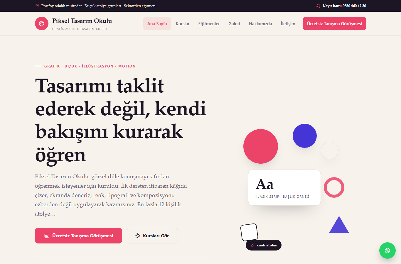 Piksel Tasarım Okulu — Grafik & UI/UX Kursu Web Sitesi görünümü 1
