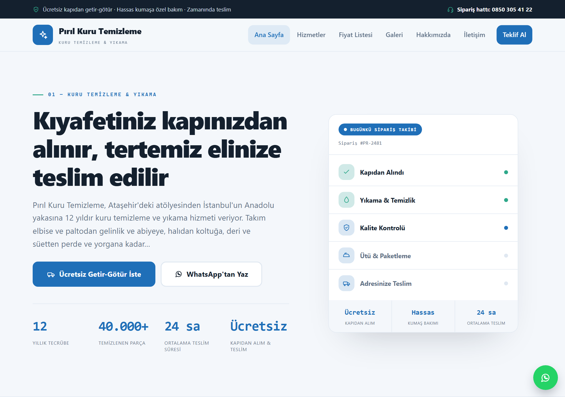 Pırıl — Açık & Güven Odaklı Kuru Temizleme Web Sitesi — ekran görüntüsü 1