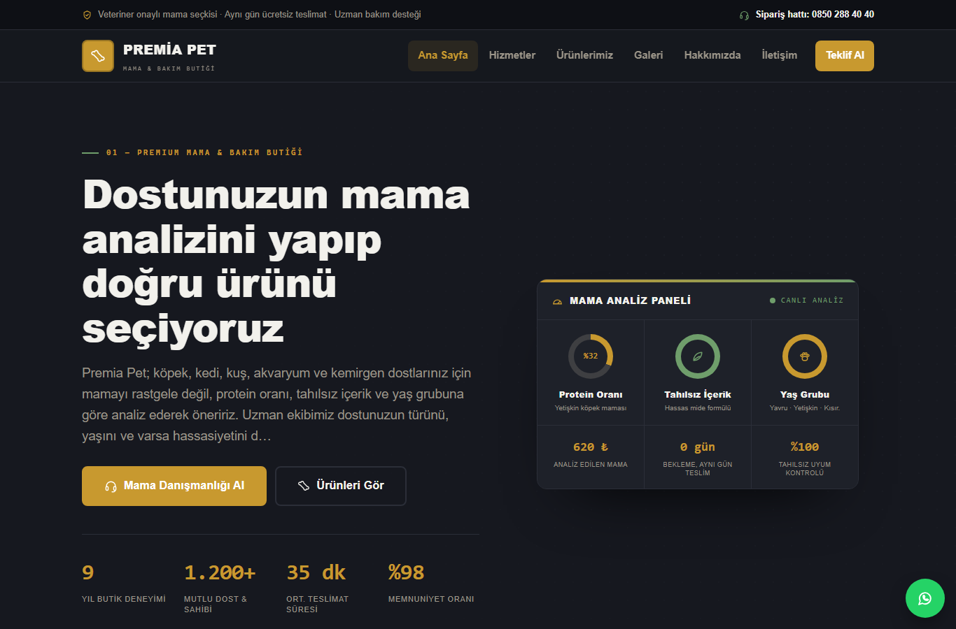 Premia Pet — Premium Mama & Aksesuar Butiği Web Sitesi görünümü 1