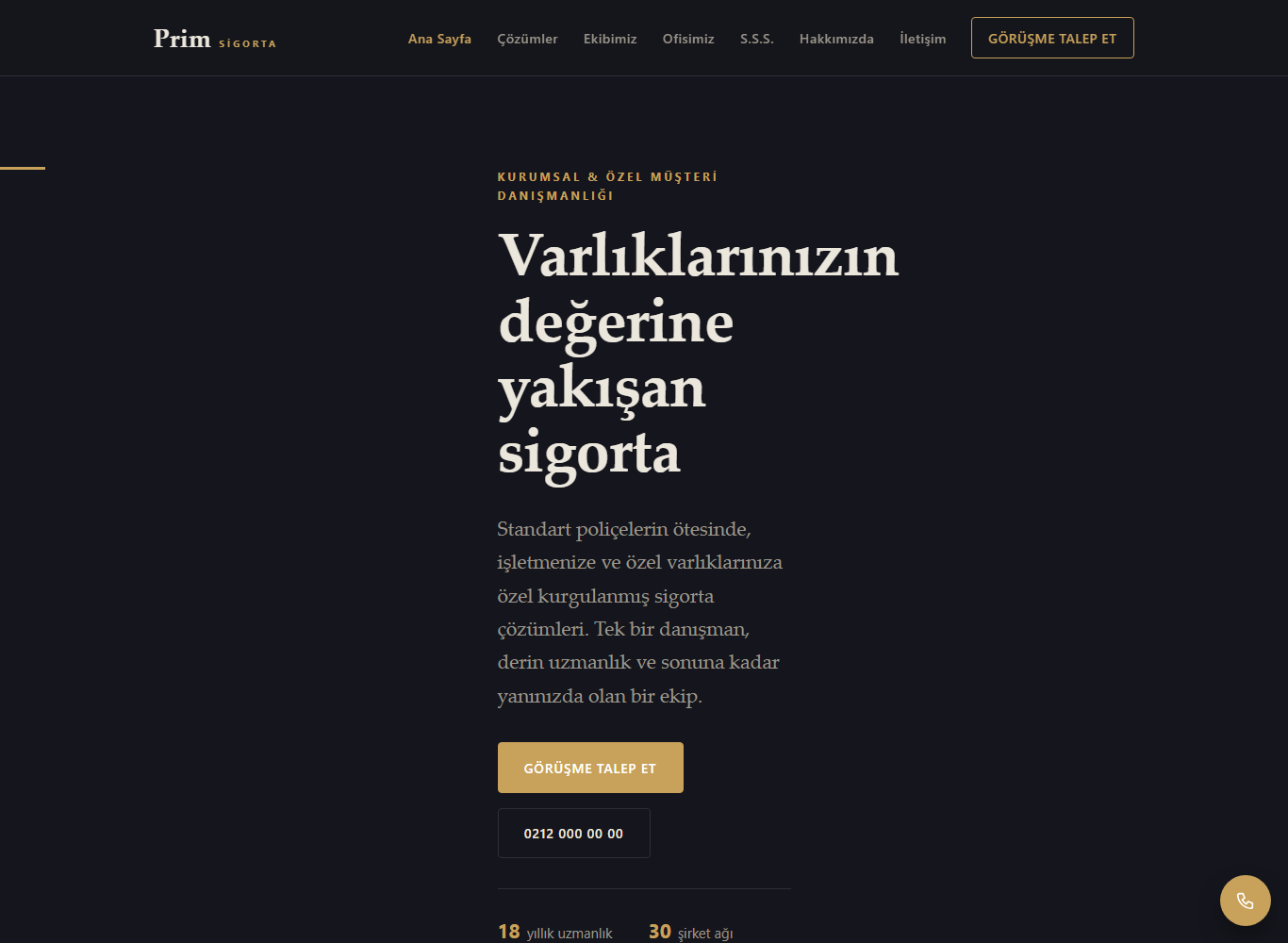 Prim Sigorta web sitesi ana sayfa görünümü