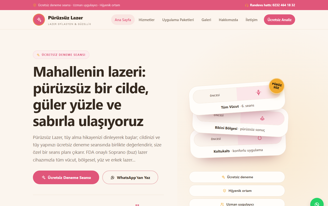 Pürüzsüz Lazer — Sıcak ve Güven Veren Kimlikte Lazer Epilasyon Merkezi Web Sitesi görünümü 1