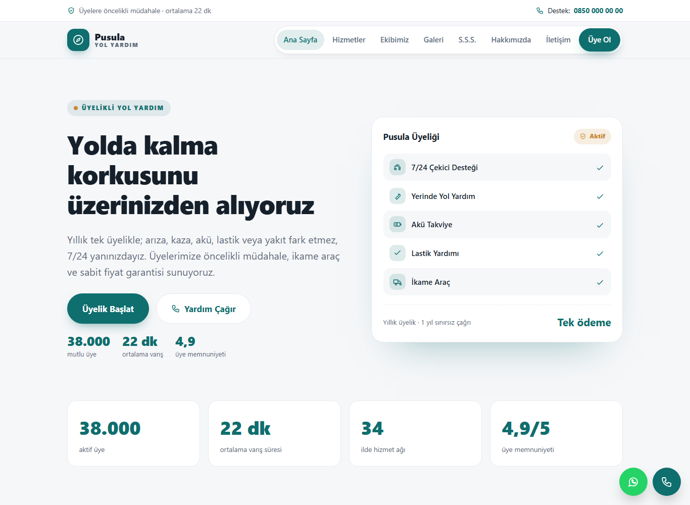 Pusula Yol Yardım web sitesi ana sayfa görünümü