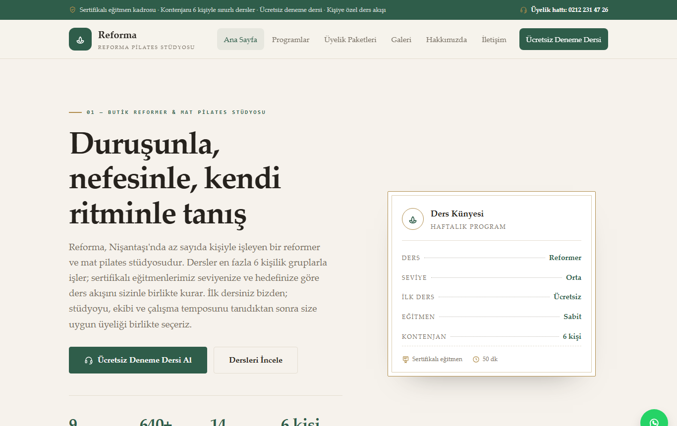 Reforma — Açık Premium Editöryel Butik Reformer & Mat Pilates Stüdyosu Web Sitesi — ekran görüntüsü 1