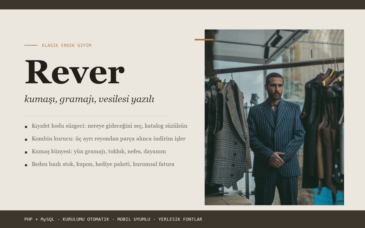 Rever klasik erkek giyim e-ticaret scripti kapak görseli