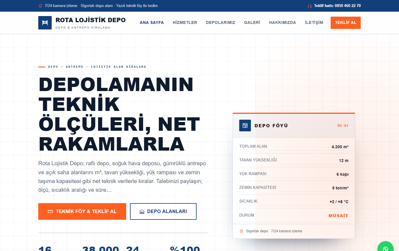 Rota Lojistik Depo — Teknik Föy Kimliğinde Endüstriyel Depo Kiralama Web Sitesi görünümü 1