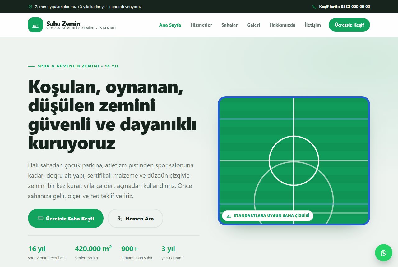 Saha Zemin — Spor & Güvenlik Zemin Kaplama Web Sitesi görünümü 1