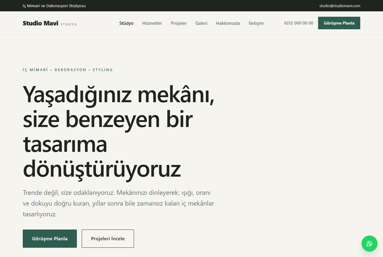 Studio Mavi — İç Mimari Stüdyosu web sitesi görünümü 1