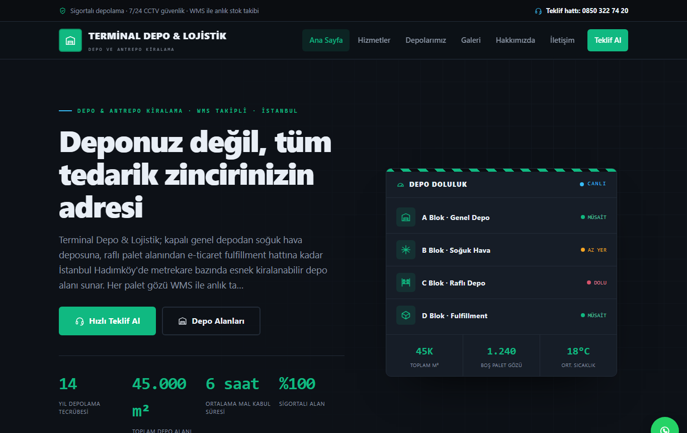 Terminal Depo & Lojistik — Depo Yönetim Konsolu Kimliğinde Kiralama Web Sitesi görünümü 1